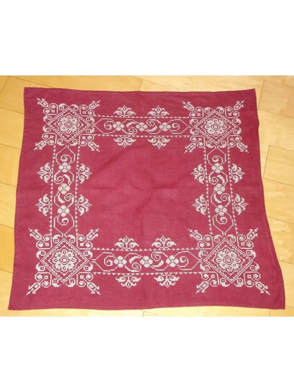 Vintage 50's French Burgundy Embroidered Linen Tablecloth and Napkins Set of 4
